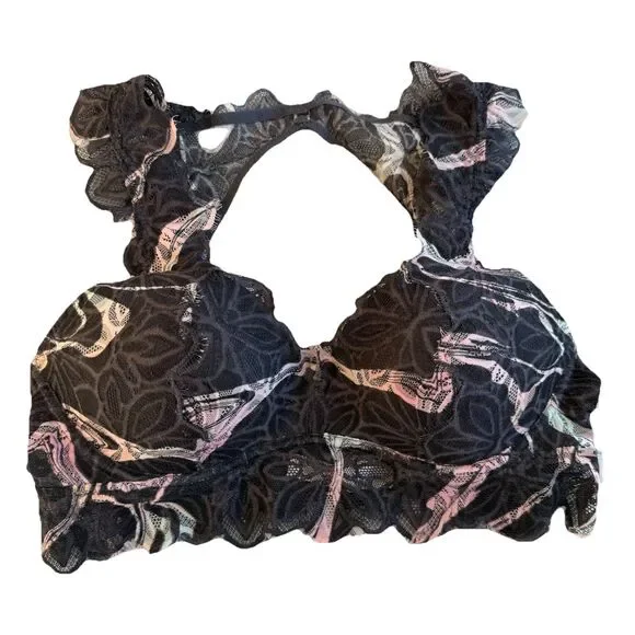 Victorias Secret PINK Date Push Up Bralette Size Medium Gray Floral Lace - Picture 1 of 11